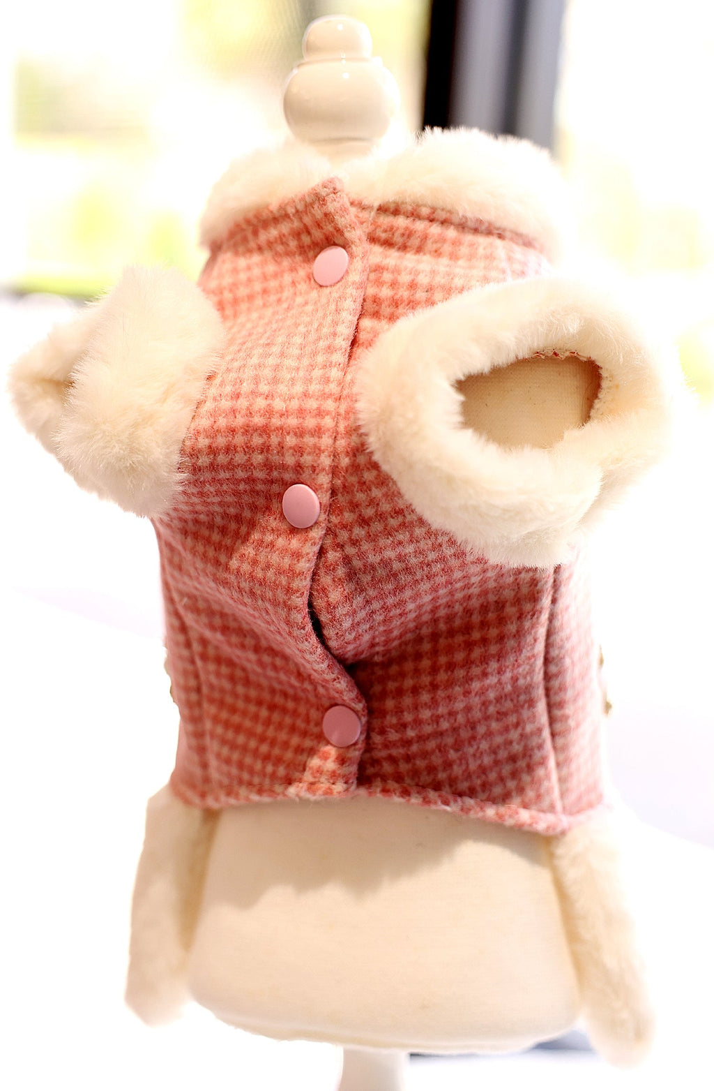Pink tweed dog coat vest with faux fur trim and button front
