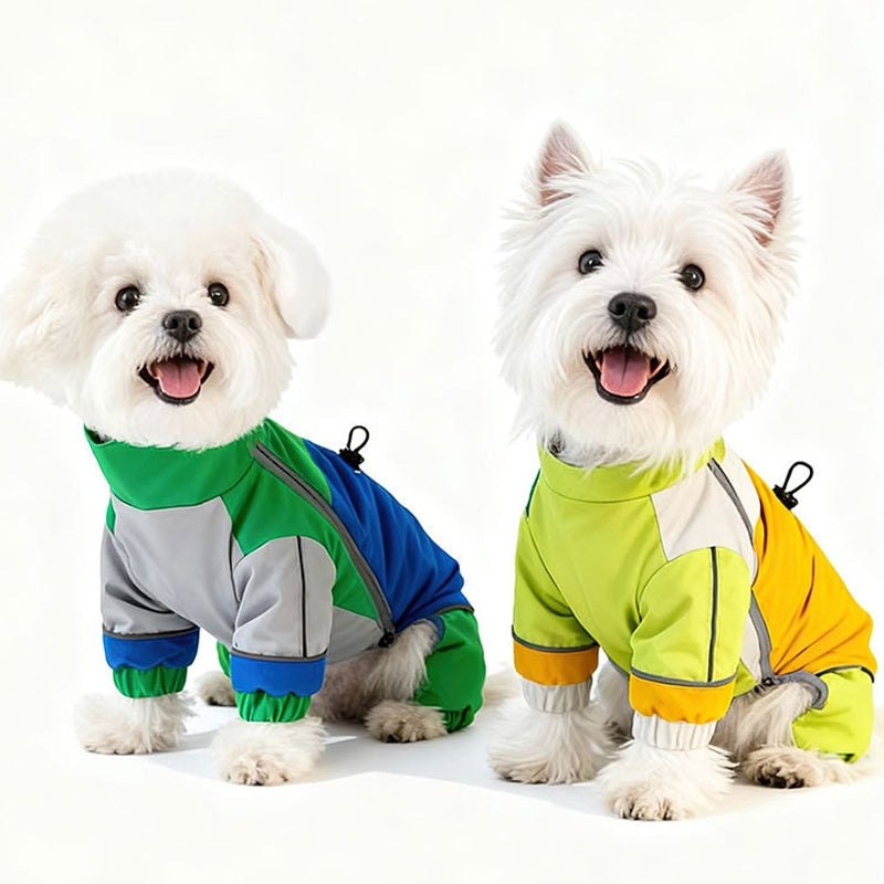 Color-block waterproof dog jumpsuits: green and blue on one, lime and orange on another