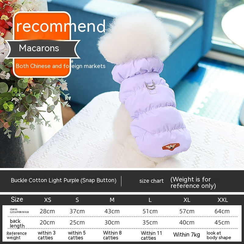 Light purple cotton dog puffer vest with round buckle strap and small chest patch