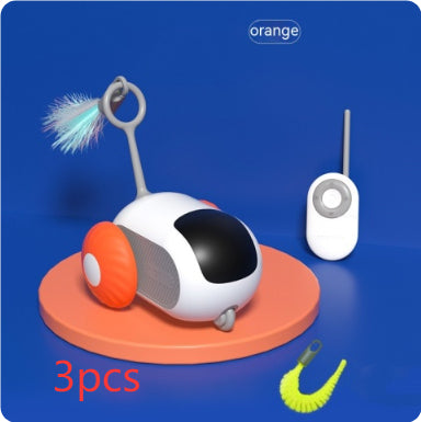Interactive cat toy car with orange ear, remote with antenna, and green brush accessory