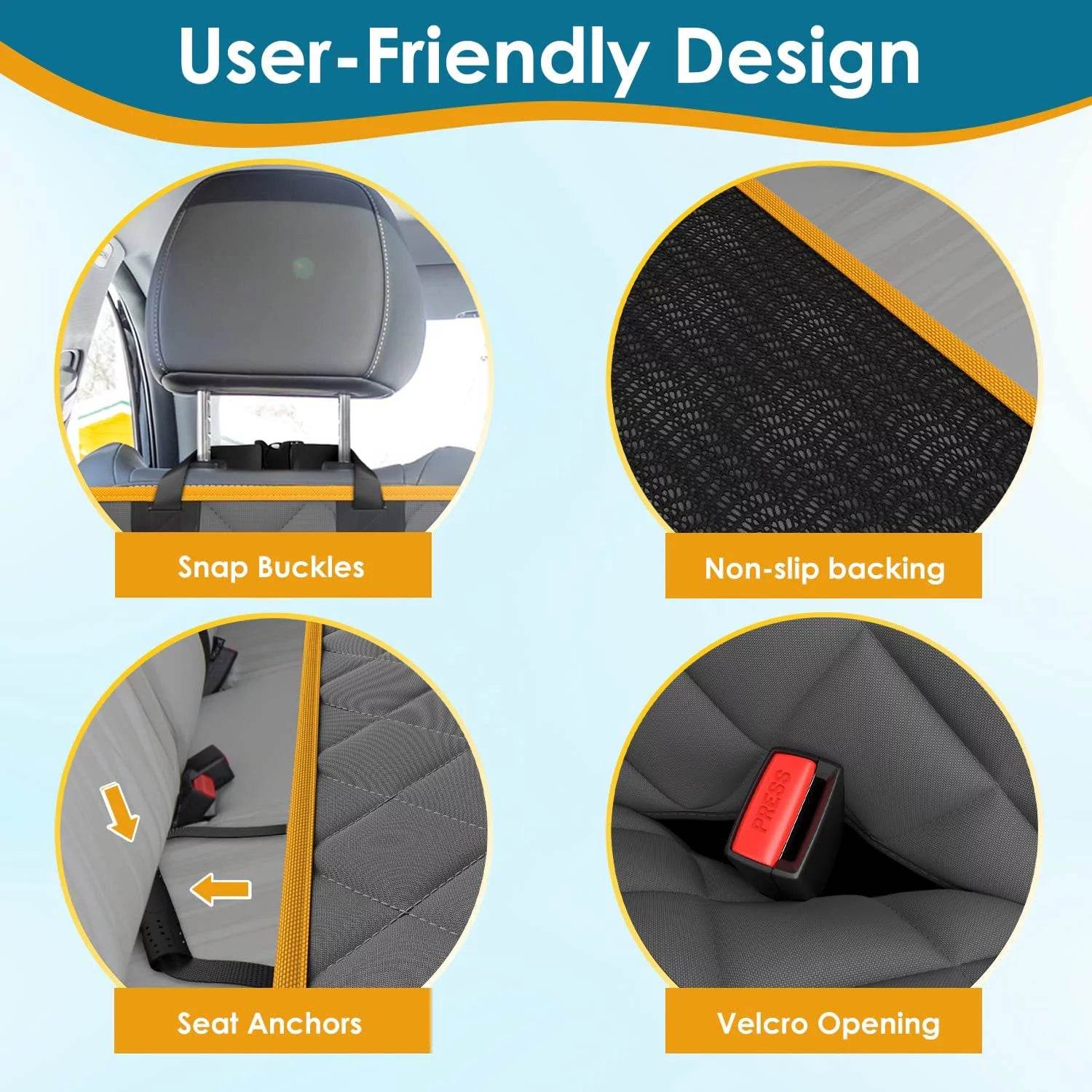 Dog seat cover hammock detail: snap buckles, non-slip backing, velcro opening