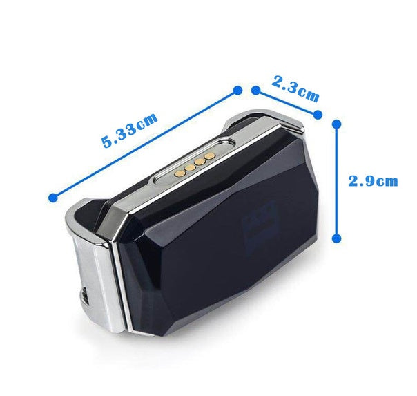 GPS tracker device with charging pins on silver edge, black body (size marked)