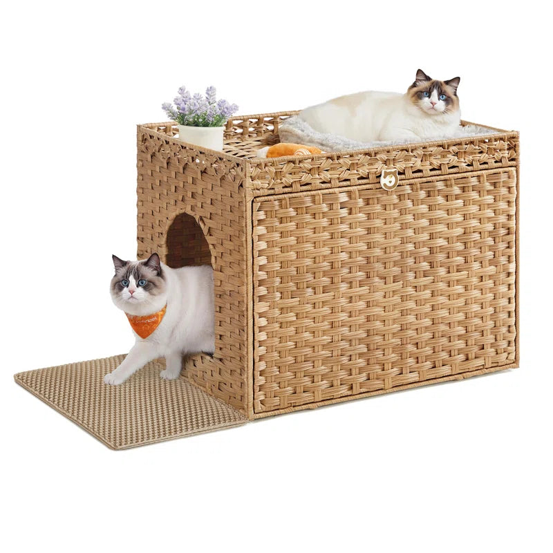 Boho handwoven rattan hidden cat litter box in warm tan with open front door