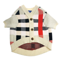 Cream knit dog sweater with black plaid and red stripe, button front and ribbed waistband