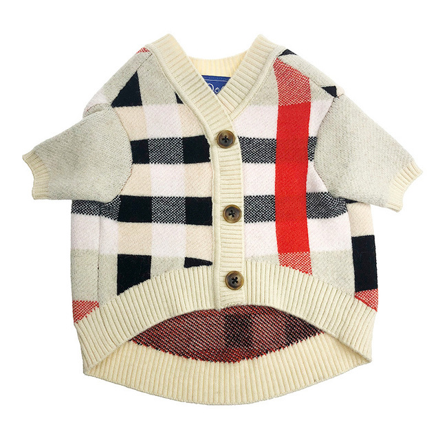 Cream knit dog sweater with black plaid and red stripe, button front and ribbed waistband