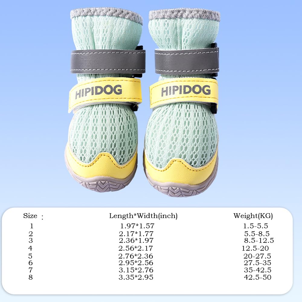 Pair of green and yellow mesh dog boots with gray straps and grippy rubber soles