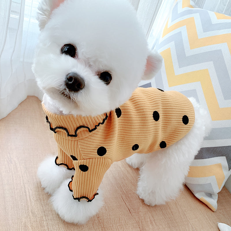Tan dot turtleneck dog base layer shirt with ruffled collar
