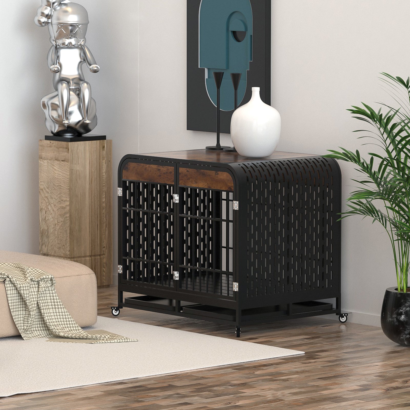 Wood-top dog crate furniture with black metal bars, sliding door front, rolling casters