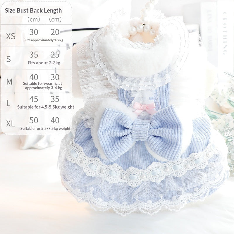 Blue pet dress with white lace trim and big bow; size chart shown above