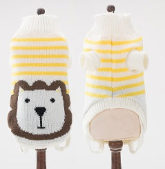 White knit pet sweater with yellow stripes and dog-face applique, hood