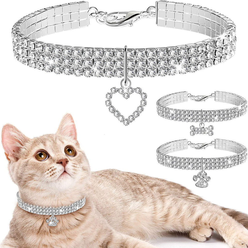 Crystal Rhinestone Pet Collar Necklace — 3-Pack, Heart, Bone & Paw Charms