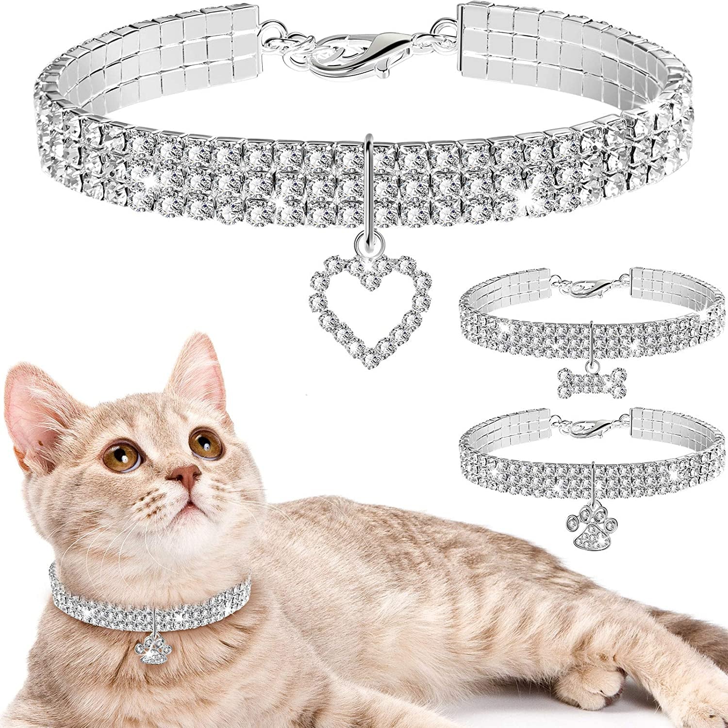 Crystal Rhinestone Pet Collar Necklace — 3-Pack, Heart, Bone & Paw Charms