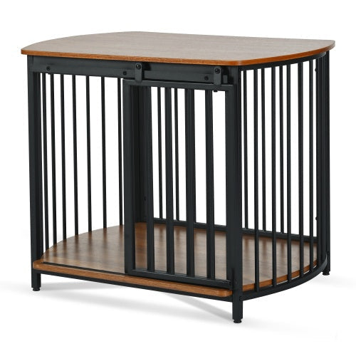 Wood-top dog crate with vertical bars and rounded base, dark metal frame.