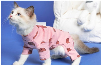Pink cat onesie with brown printed shapes, four-legged design