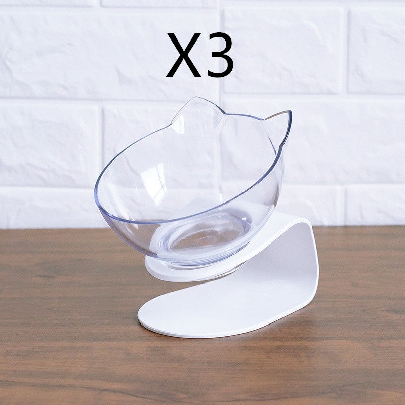 Clear cat-shaped raised pet food bowl on white stand, non-slip base