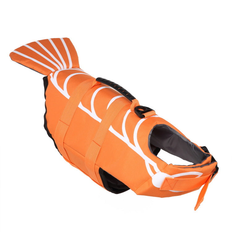 Orange shark-themed dog life vest with adjustable strap and open harness cutout