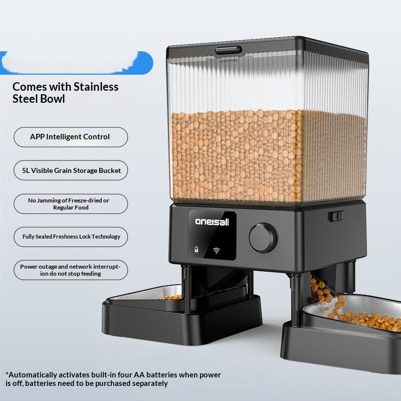 Obsidian black automatic cat feeder with clear hopper, dual bowls, and front LCD control