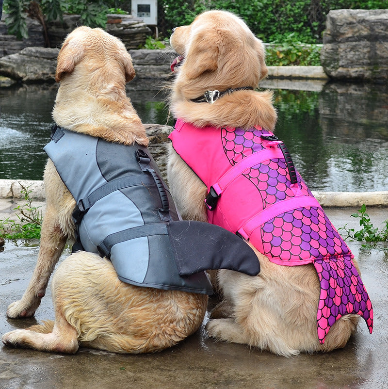 Adjustable dog life jacket set, pink scale and gray padded, with buckled straps