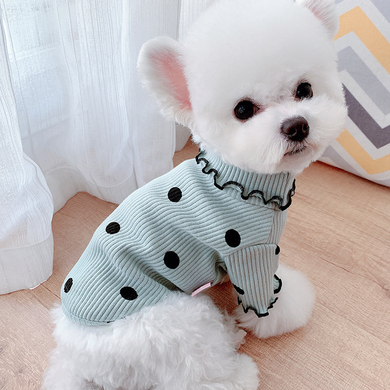 Light blue dot turtleneck dog base layer shirt with ruffled collar