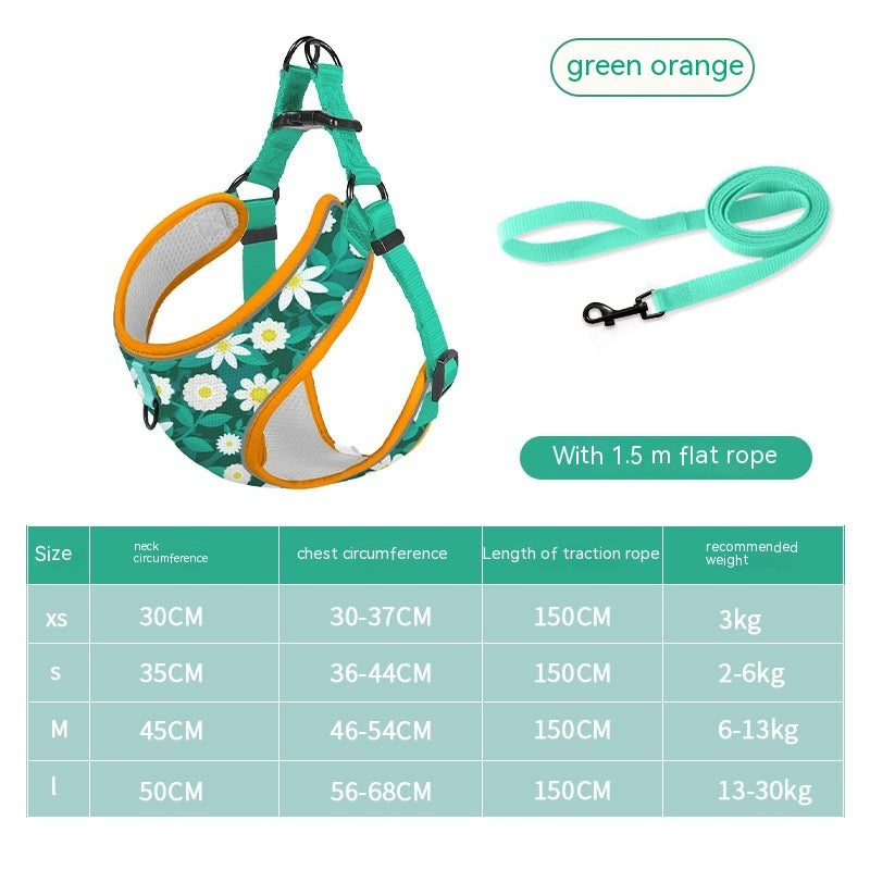 Green orange daisy dog vest harness with teal straps and flat rope leash