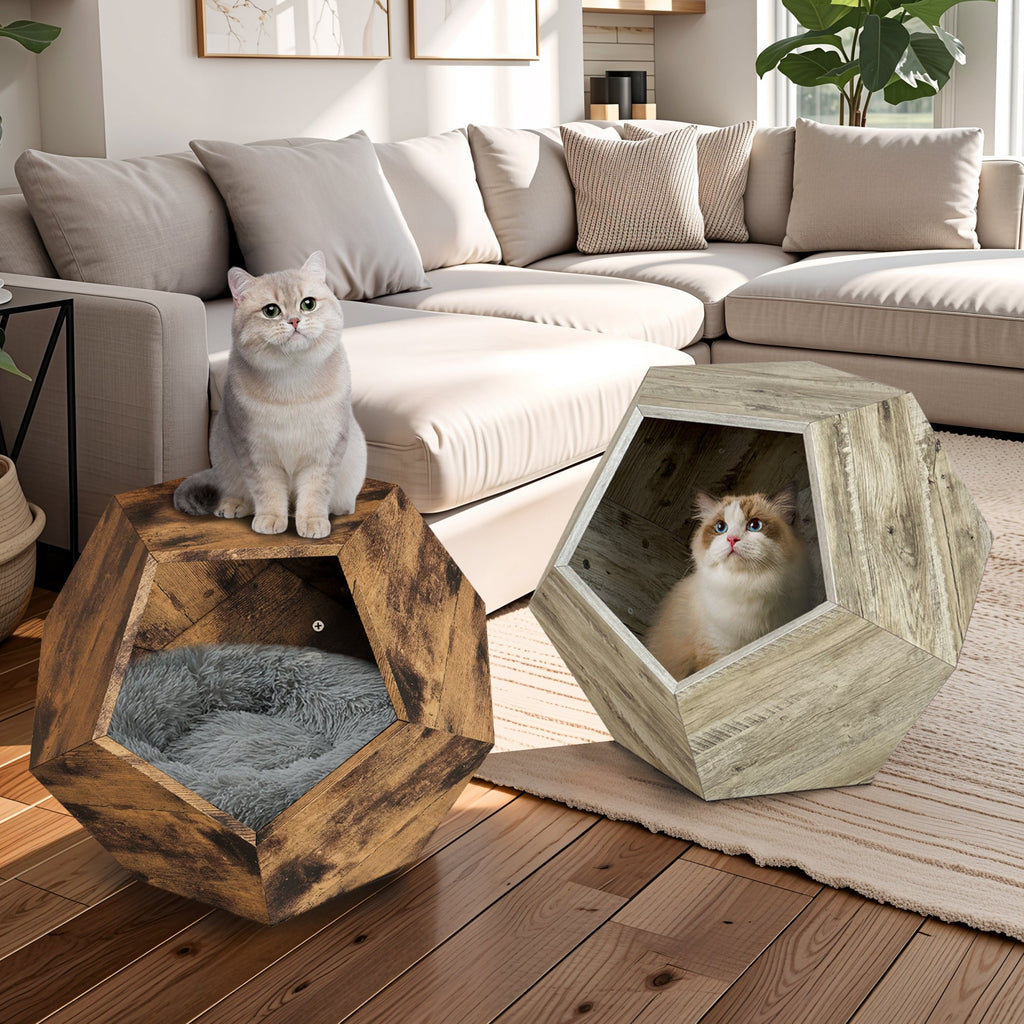 Antique brown hexagonal cat kennel side table with open entrance and dark base lining