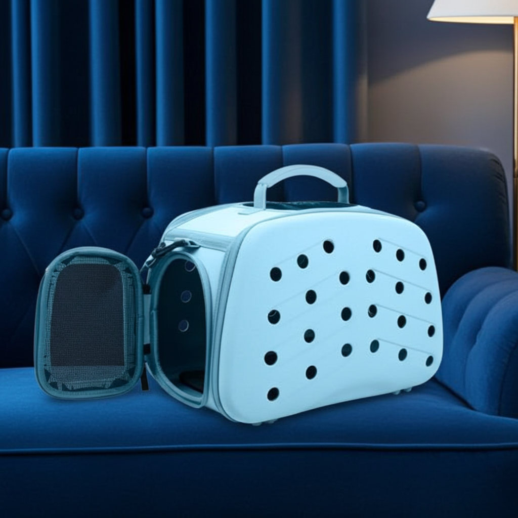 Light blue perforated collapsible pet dog carrier with top handle and black dot pattern