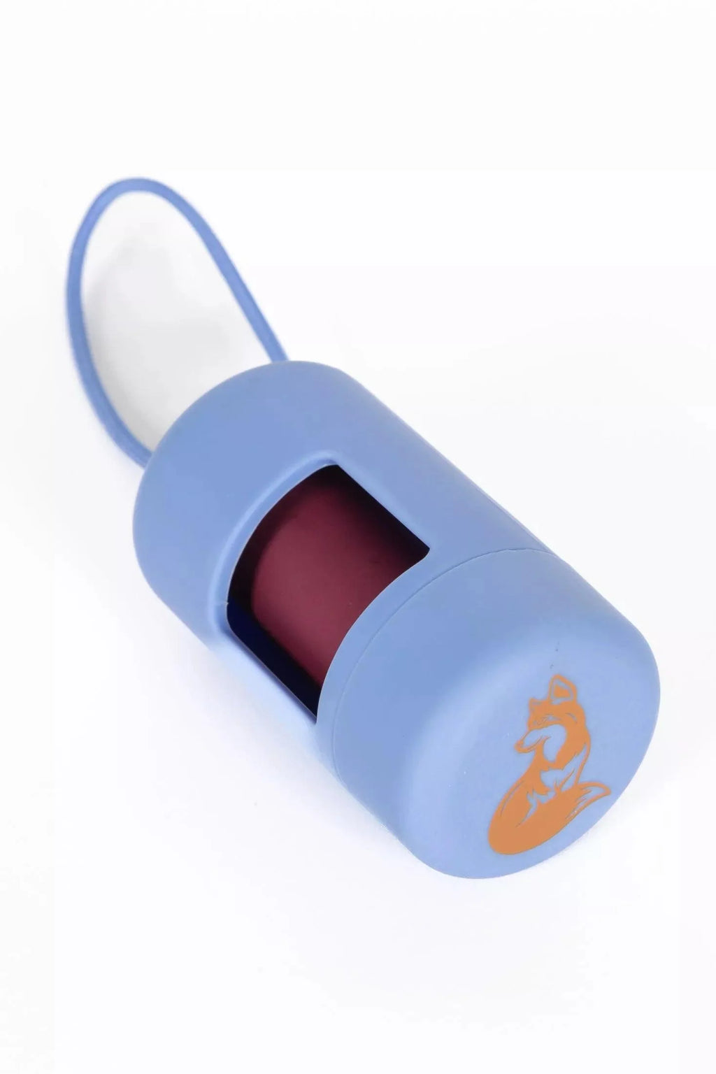 Cornflower blue waste bag dispenser with burgundy opening and orange fox emblem