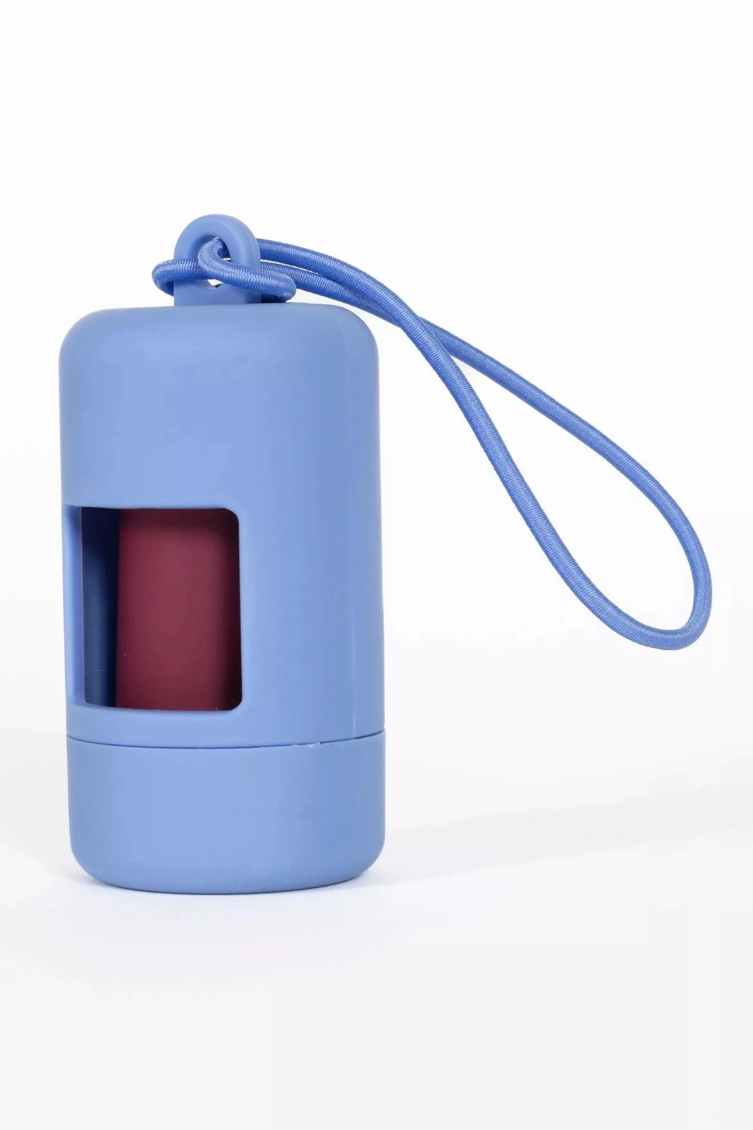 Cornflower blue waste bag dispenser with wrist lanyard and burgundy window