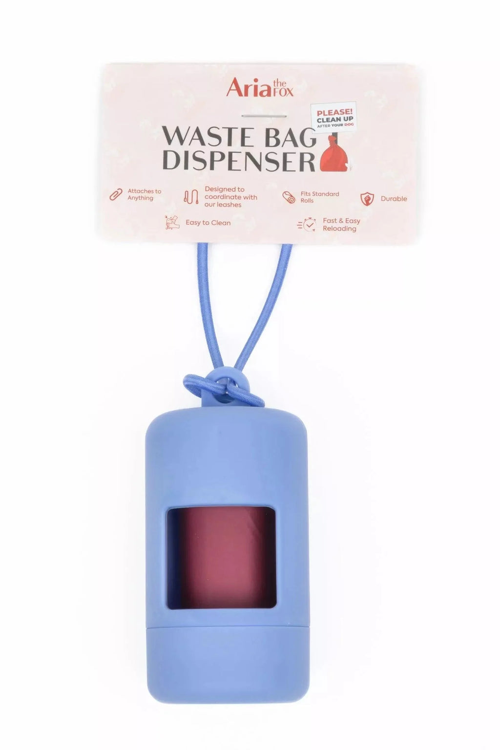 Cornflower blue waste bag dispenser with lanyard and burgundy window