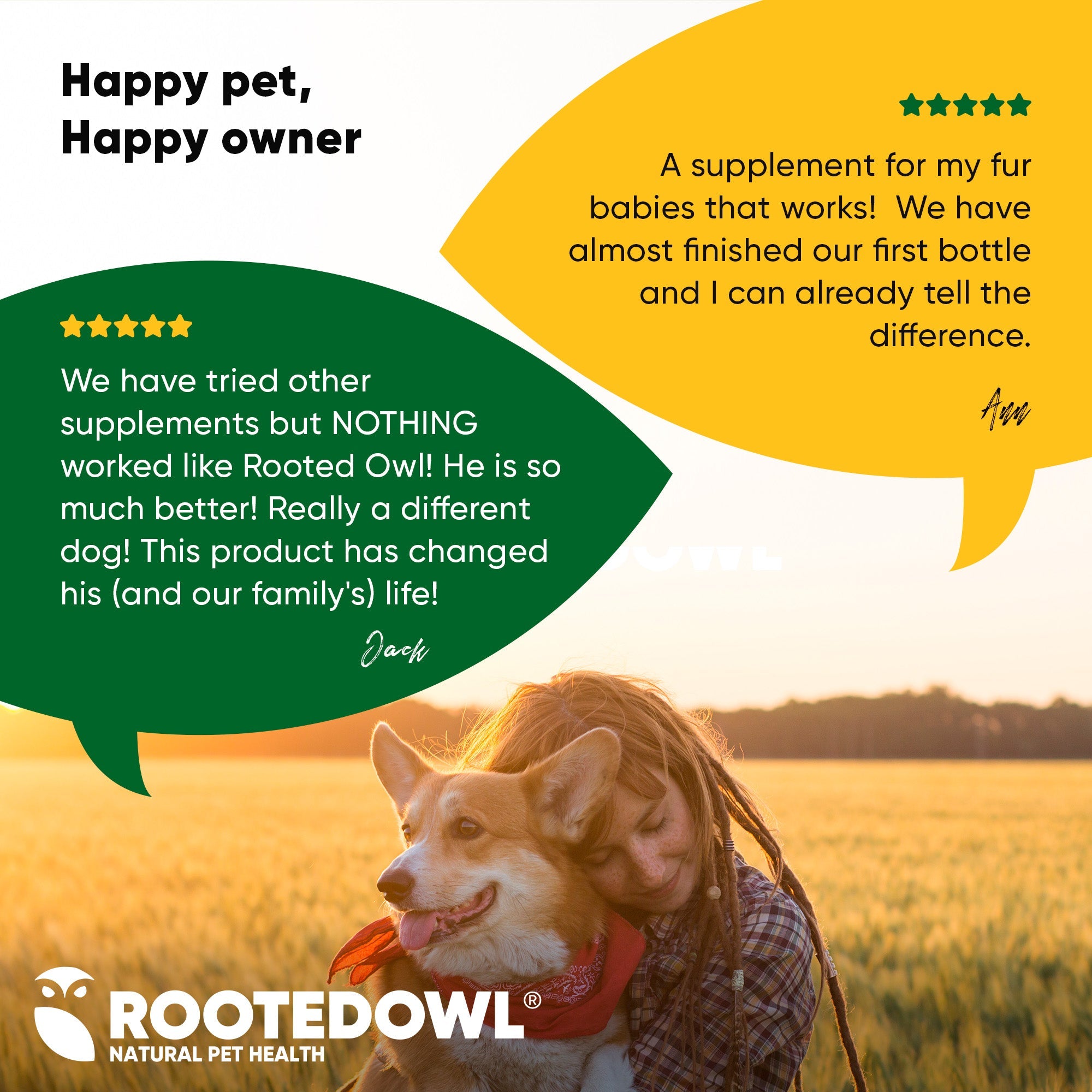 Dog and owner testimonial graphic with Rooted Owl branding and star rating.