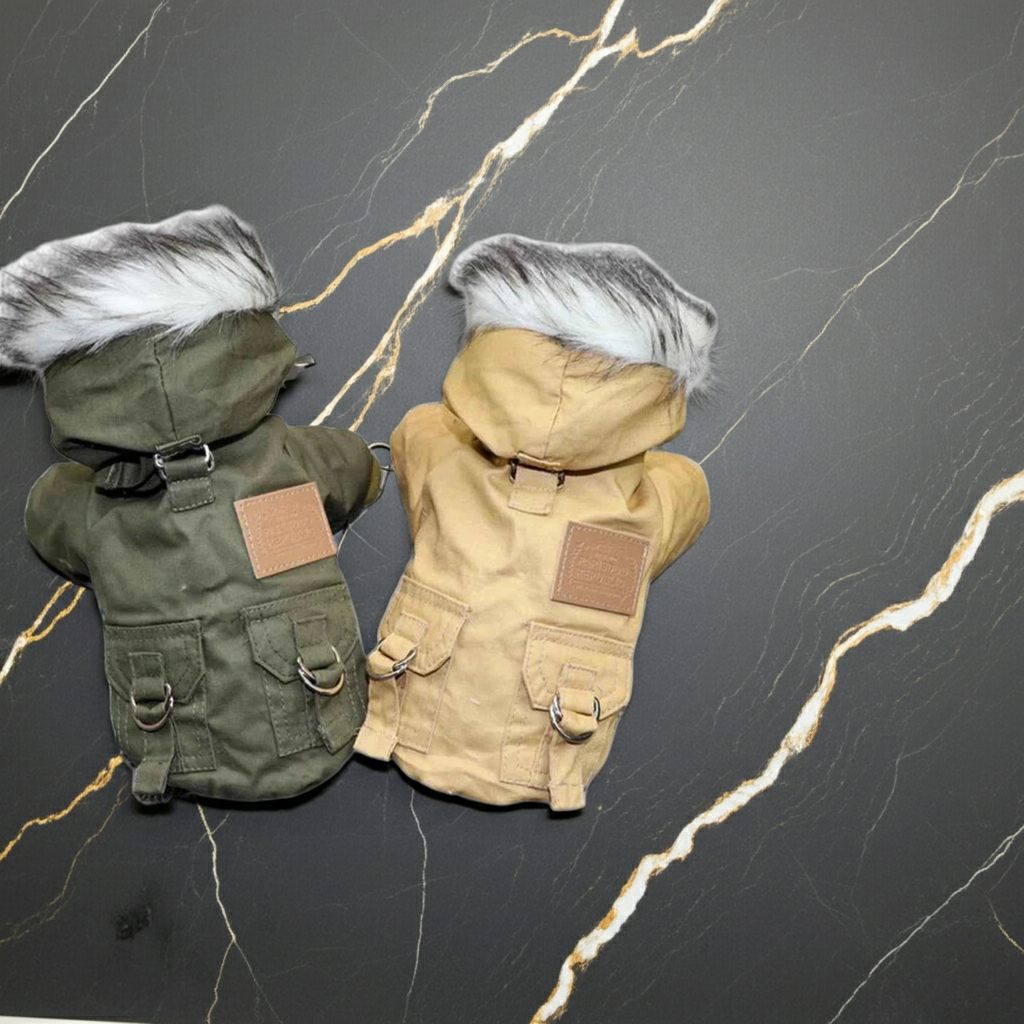 Dog winter jacket with built-in harness, green and tan with faux-fur hood
