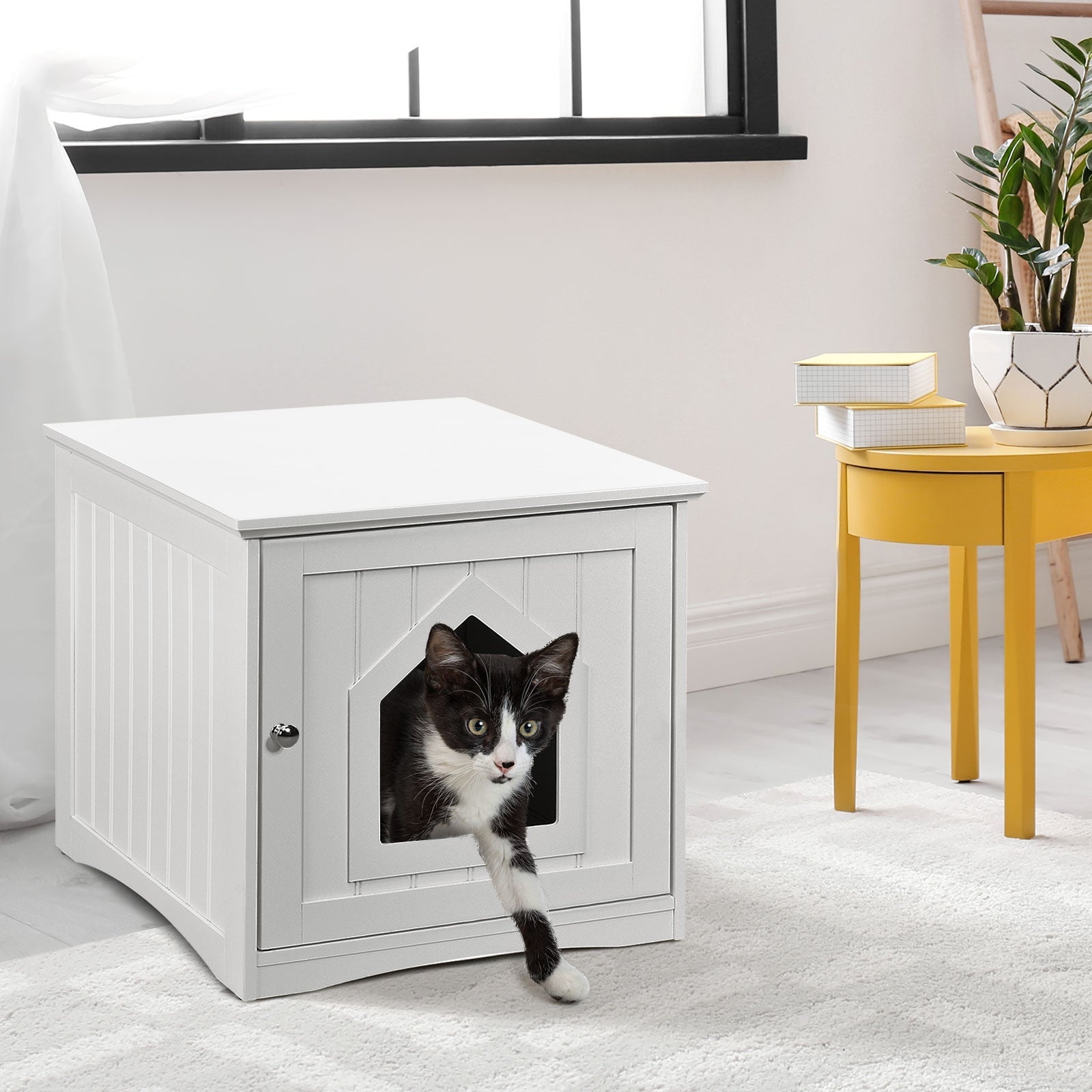 White cat house side table with black opening and black-and-white cat reaching out