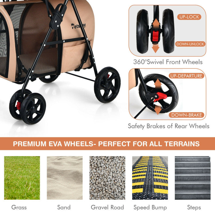 Beige pet stroller with 360° swivel front wheels and rear safety brakes
