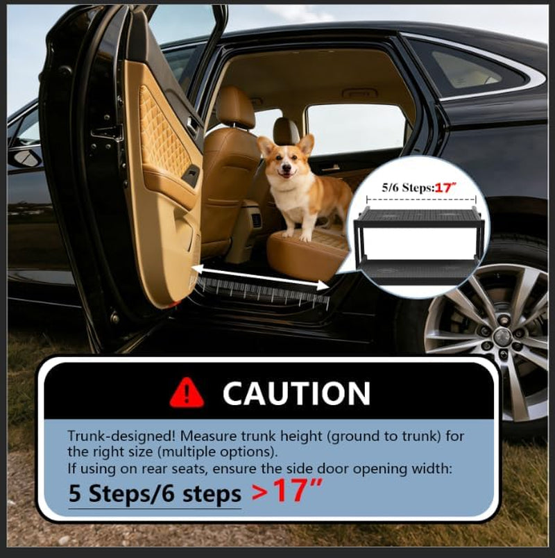Dog stairs set up in a car, five-step foldable design with textured black treads