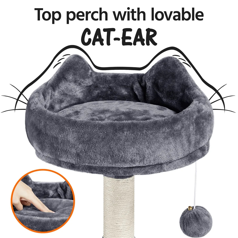 Dark gray plush top perch cat bed with removable dangling ball toy