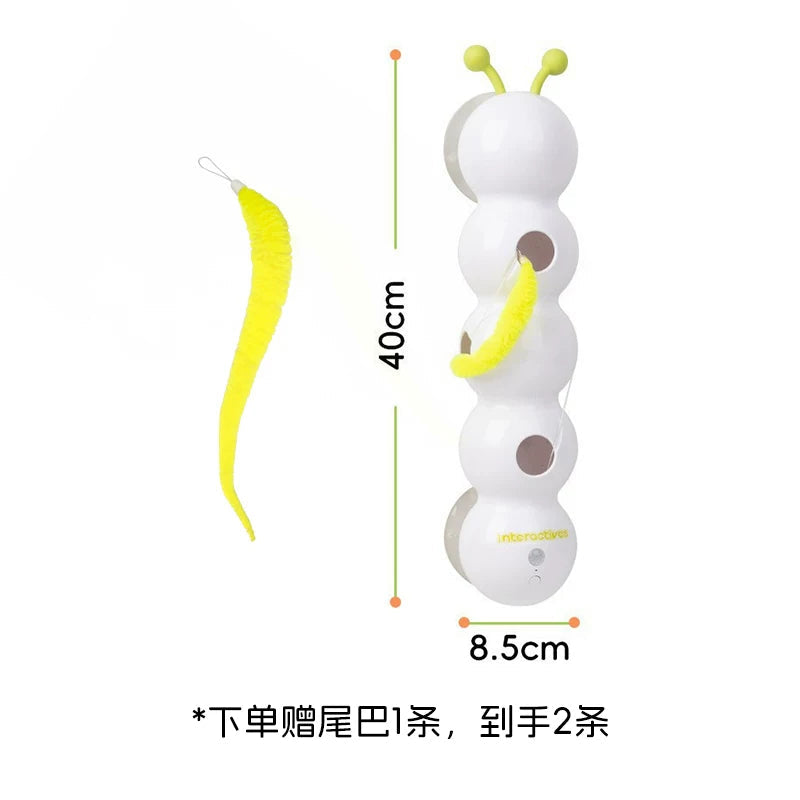 Electric cat teaser rod size view, white body with green antenna and yellow wand