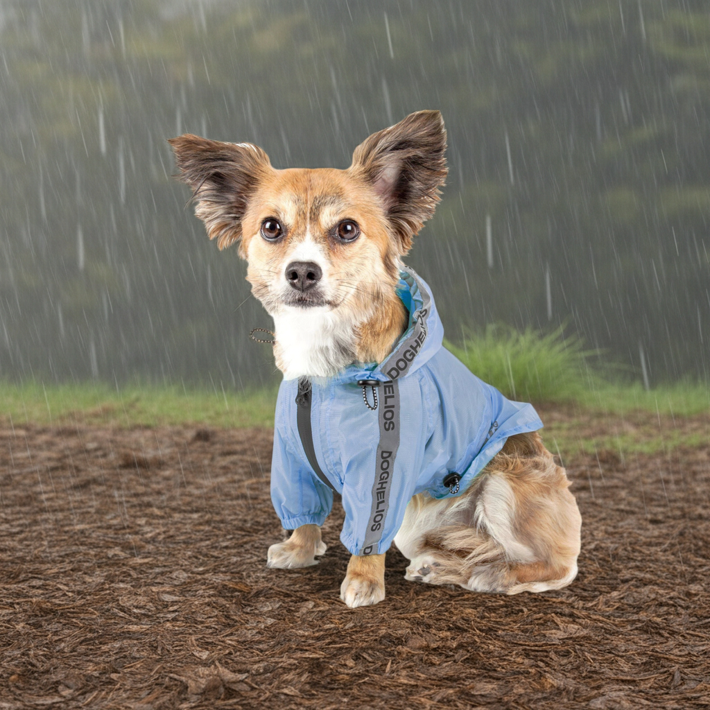 Light blue dog raincoat poncho with hood and adjustable neck strap
