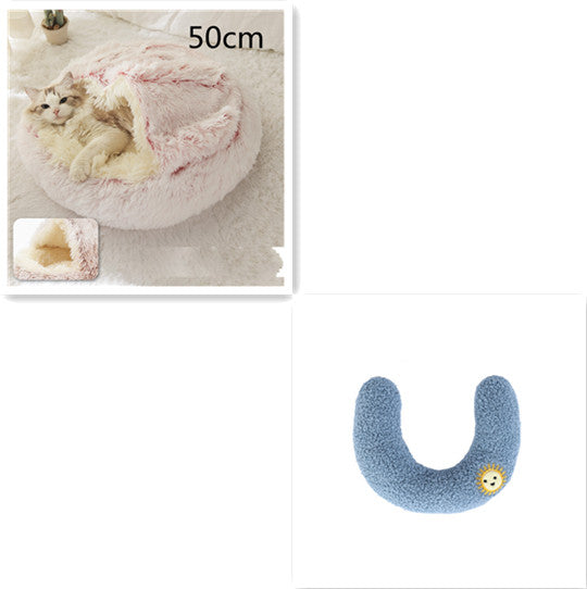 U-shaped plush pet cushion in blue with small smiley face patch