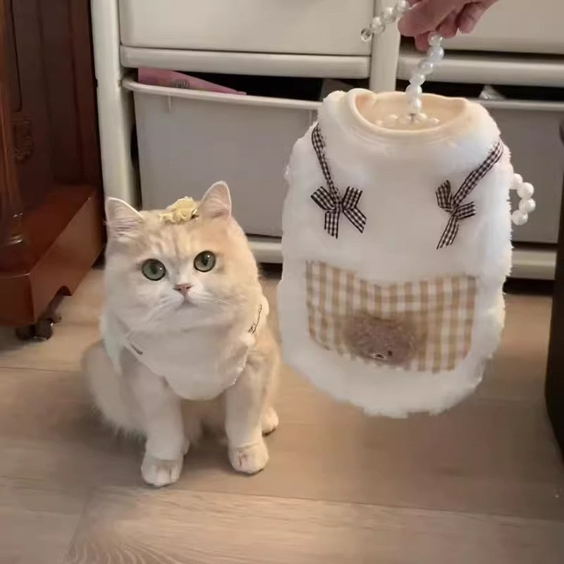 Cat fleece sweater in white with gingham pocket and black bow trim