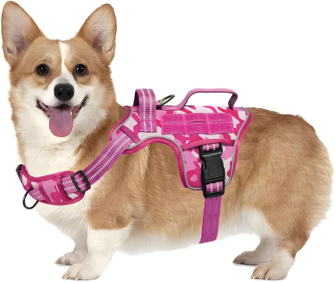 Dog tactical harness vest in pink camouflage with front chest straps and buckles