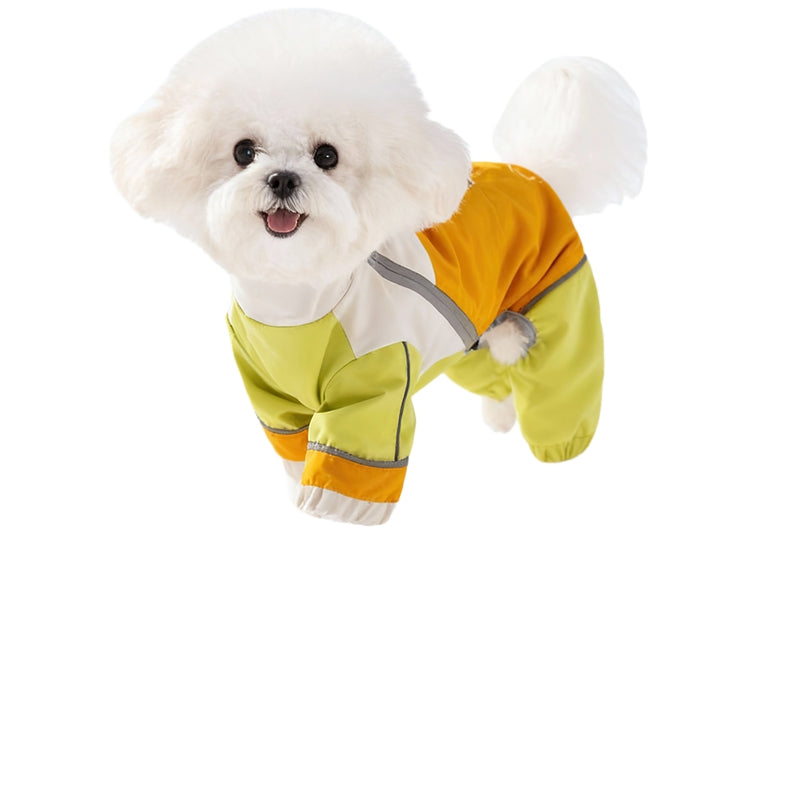Yellow and lime dog jumpsuit with cream chest panel and elastic leg cuffs