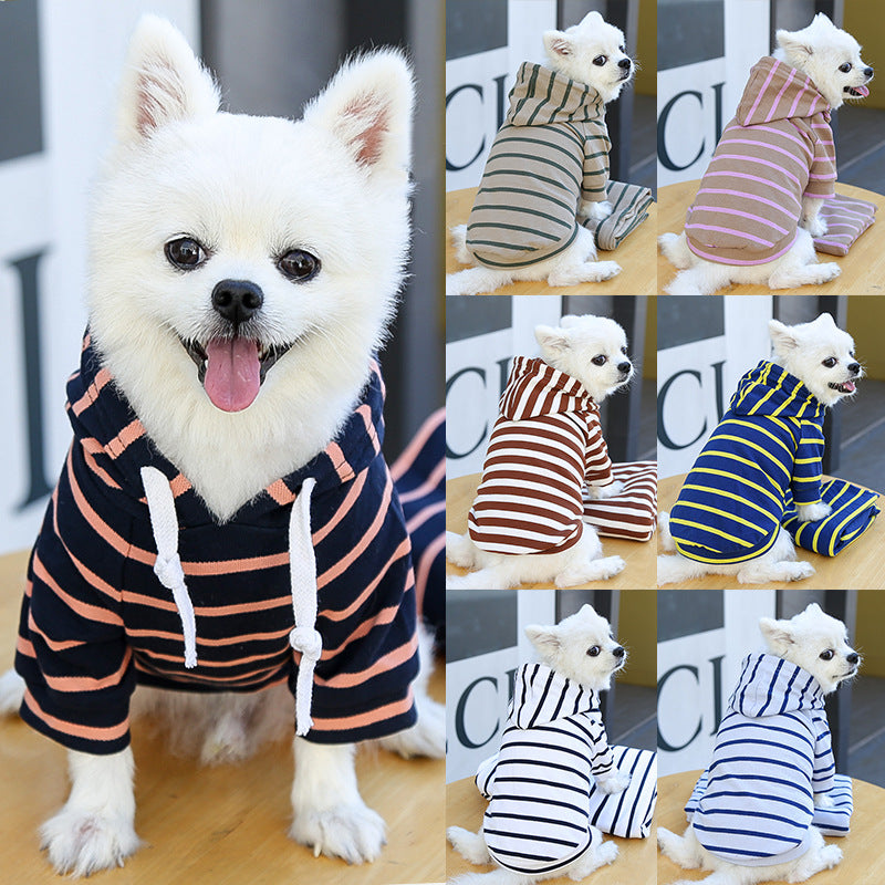 Striped pet hoodie in dark navy and orange, with hood and white drawstrings