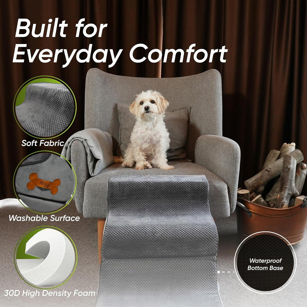 Gray dog ramp on cushioned chair steps, soft textured fabric with stitched edges