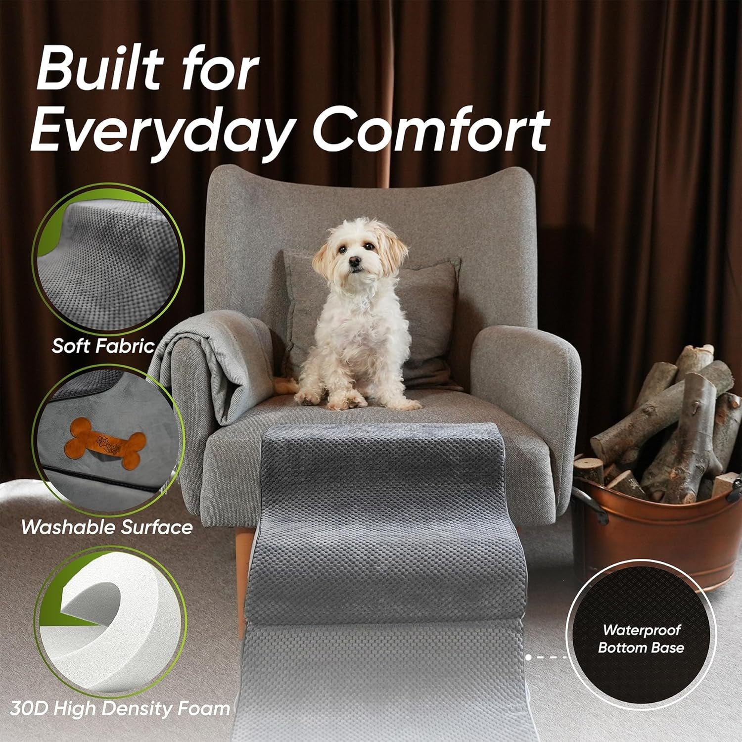 Gray dog ramp on cushioned chair steps, soft textured fabric with stitched edges