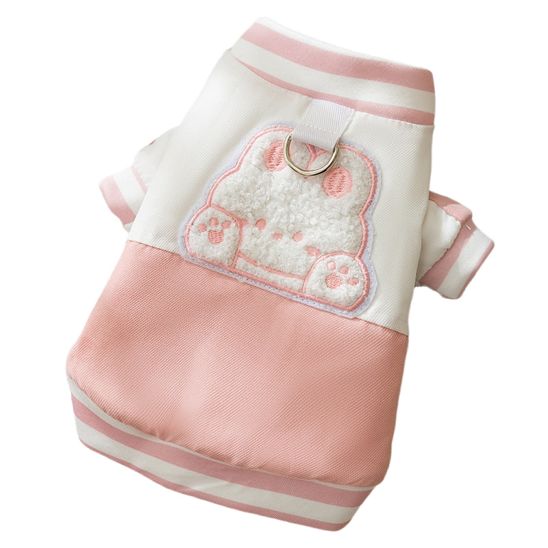 Pink and cream color-block pet jacket with bunny embroidery, striped trim and hood