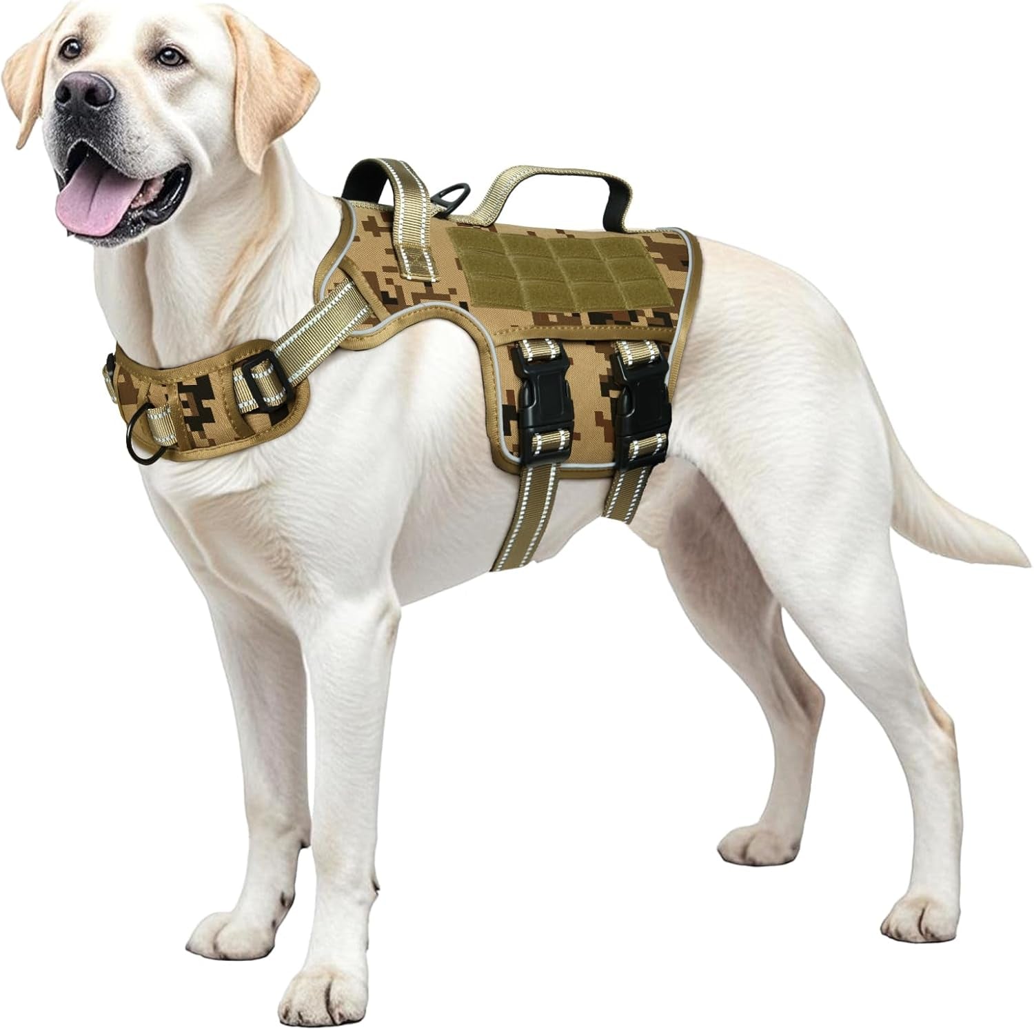 Dog tactical MOLLE harness, olive camo vest with front buckles and chest strap