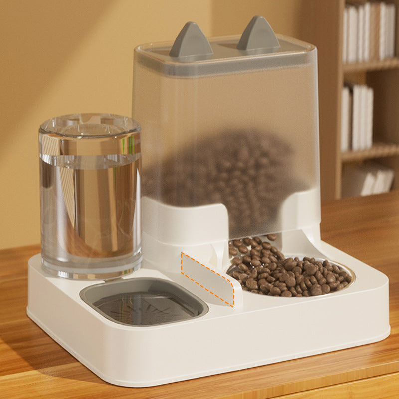Automatic cat feeder and water dispenser combo bowl with white base and clear water tank
