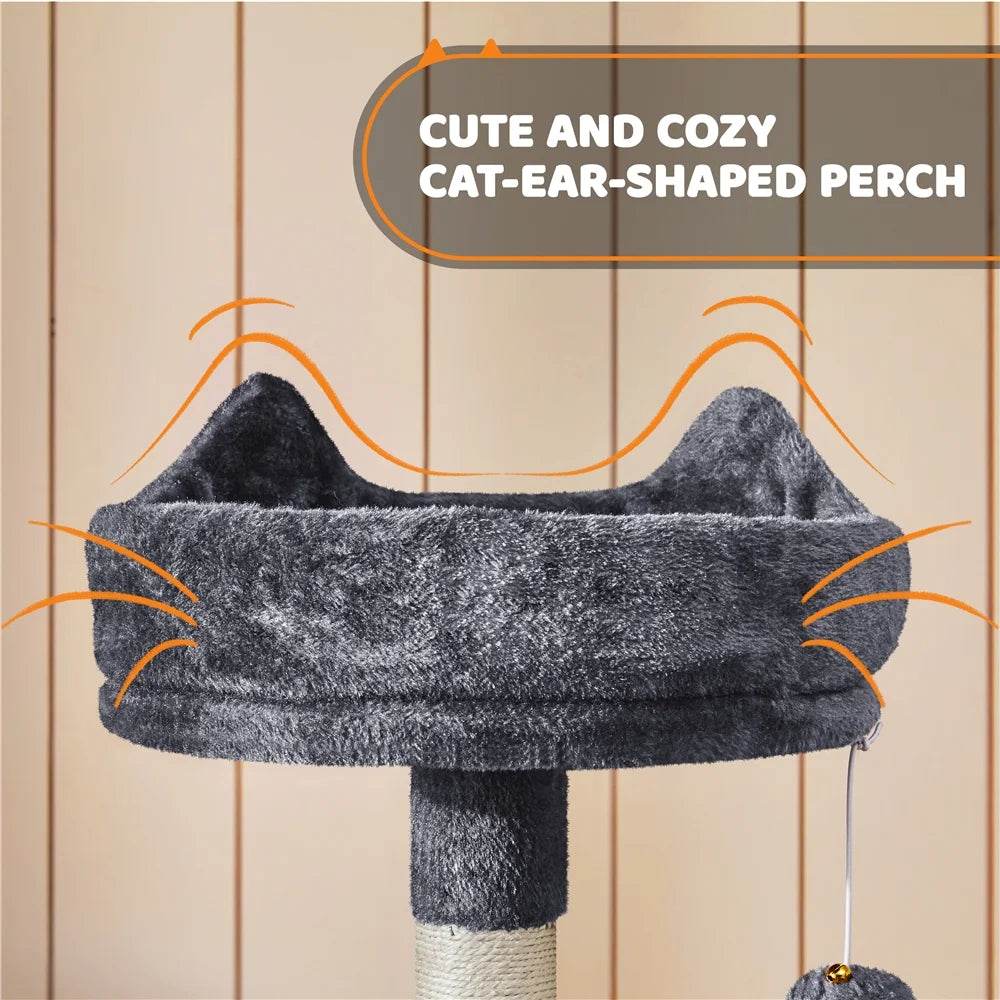 Dark gray cat ear-shaped top perch on a tall cat tree tower