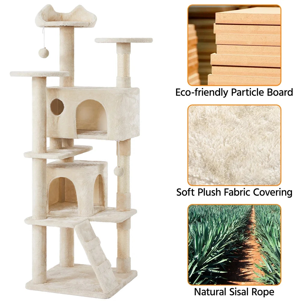Beige cat tree materials panel: particle board, soft plush, and natural sisal rope