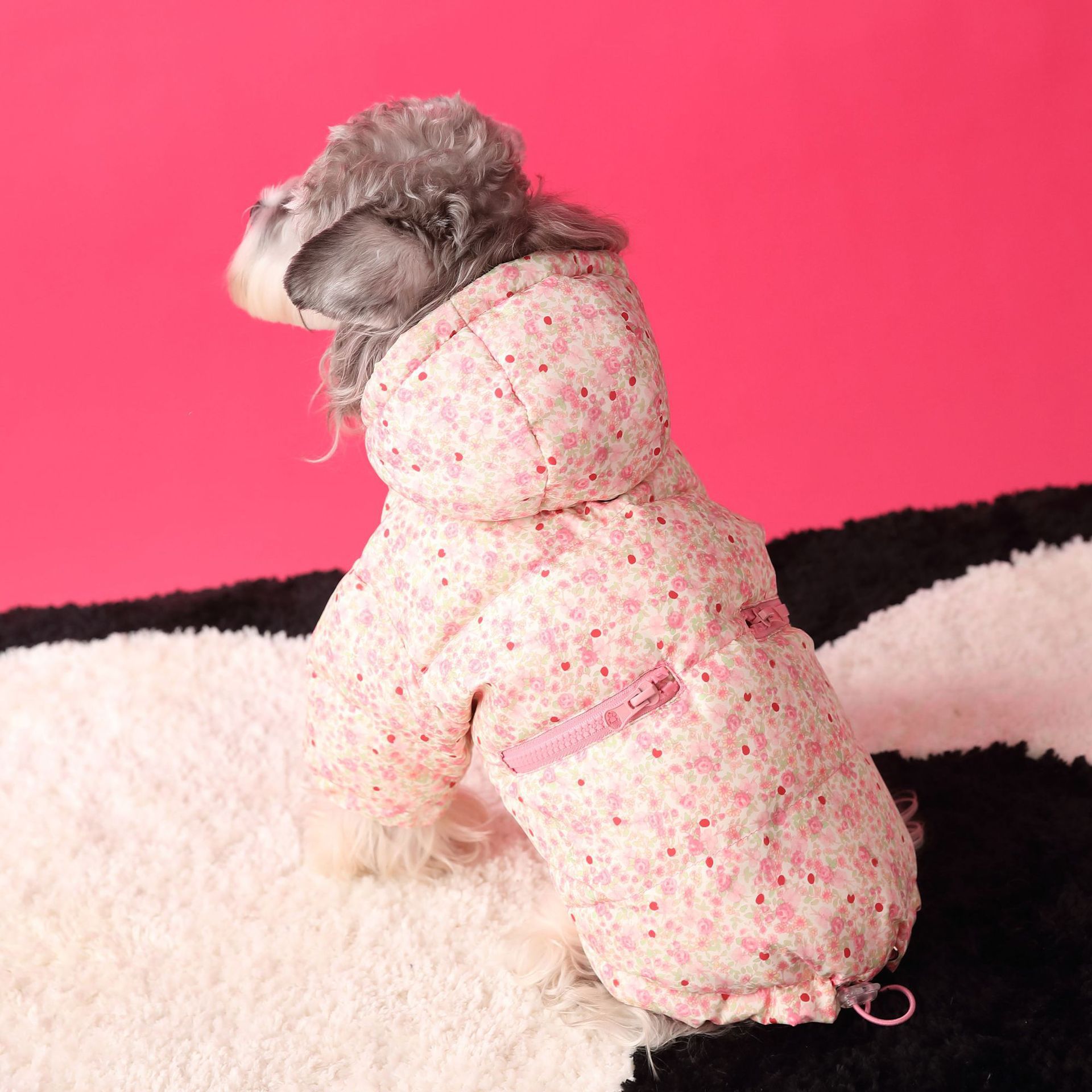 Floral pet down jacket in pink with hood and front zipper, back view